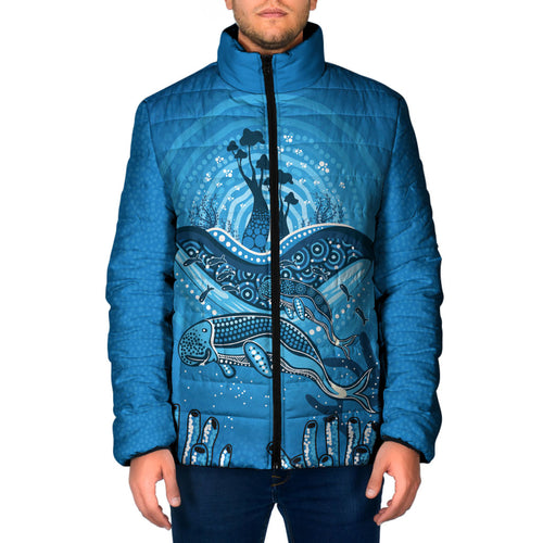 Aboriginal Ocean Dugong Padded Jacket Dot Art Dreamtime Tree of Life