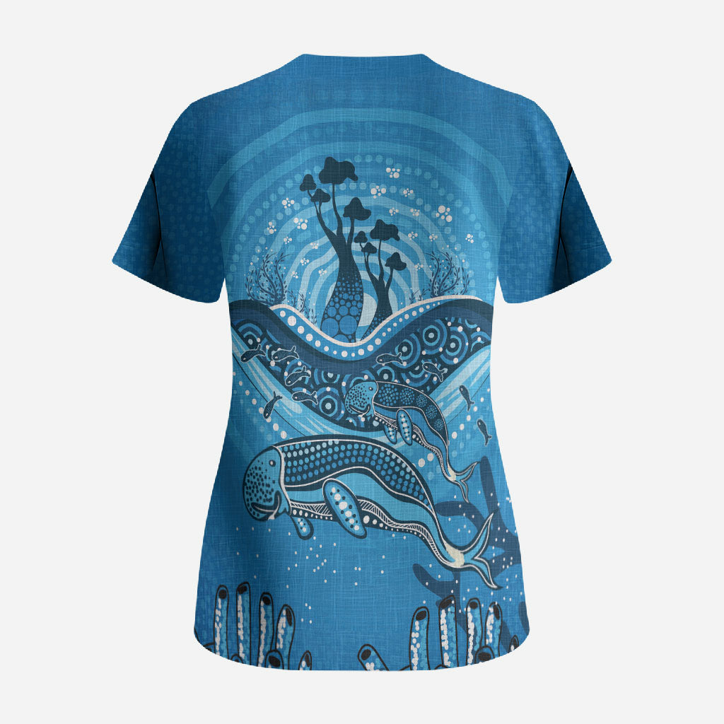 Aboriginal Ocean Dugong Scrub Top Dot Art Dreamtime Tree of Life