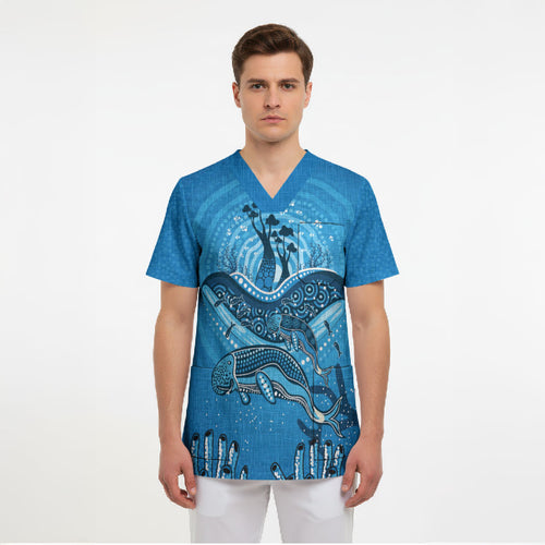Aboriginal Ocean Dugong Scrub Top Dot Art Dreamtime Tree of Life