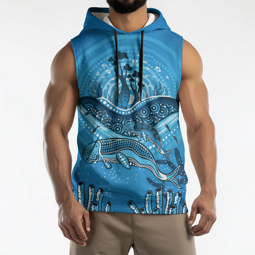 Aboriginal Ocean Dugong Sleeveless Hoodie Dot Art Dreamtime Tree of Life