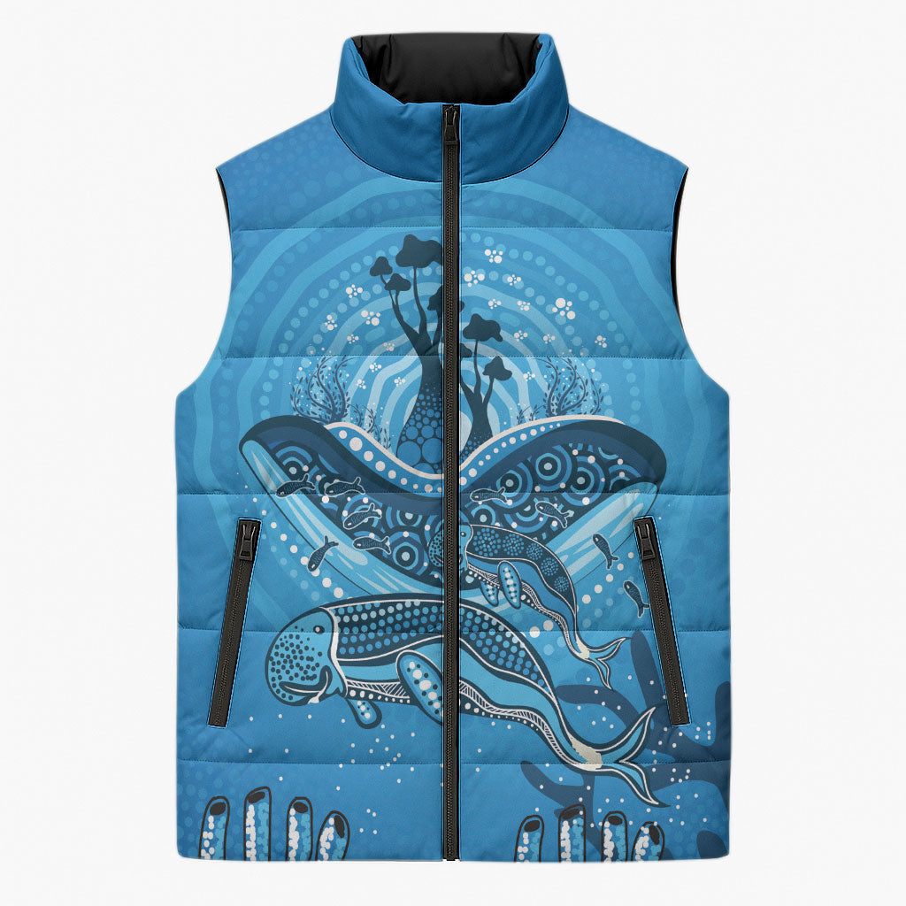 Aboriginal Ocean Dugong Sleeveless Puffer Jacket Dot Art Dreamtime Tree of Life