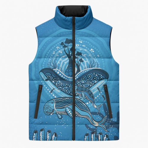 Aboriginal Ocean Dugong Sleeveless Puffer Jacket Dot Art Dreamtime Tree of Life