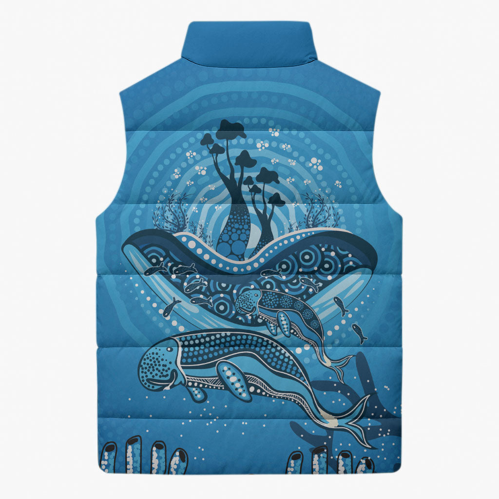 Aboriginal Ocean Dugong Sleeveless Puffer Jacket Dot Art Dreamtime Tree of Life