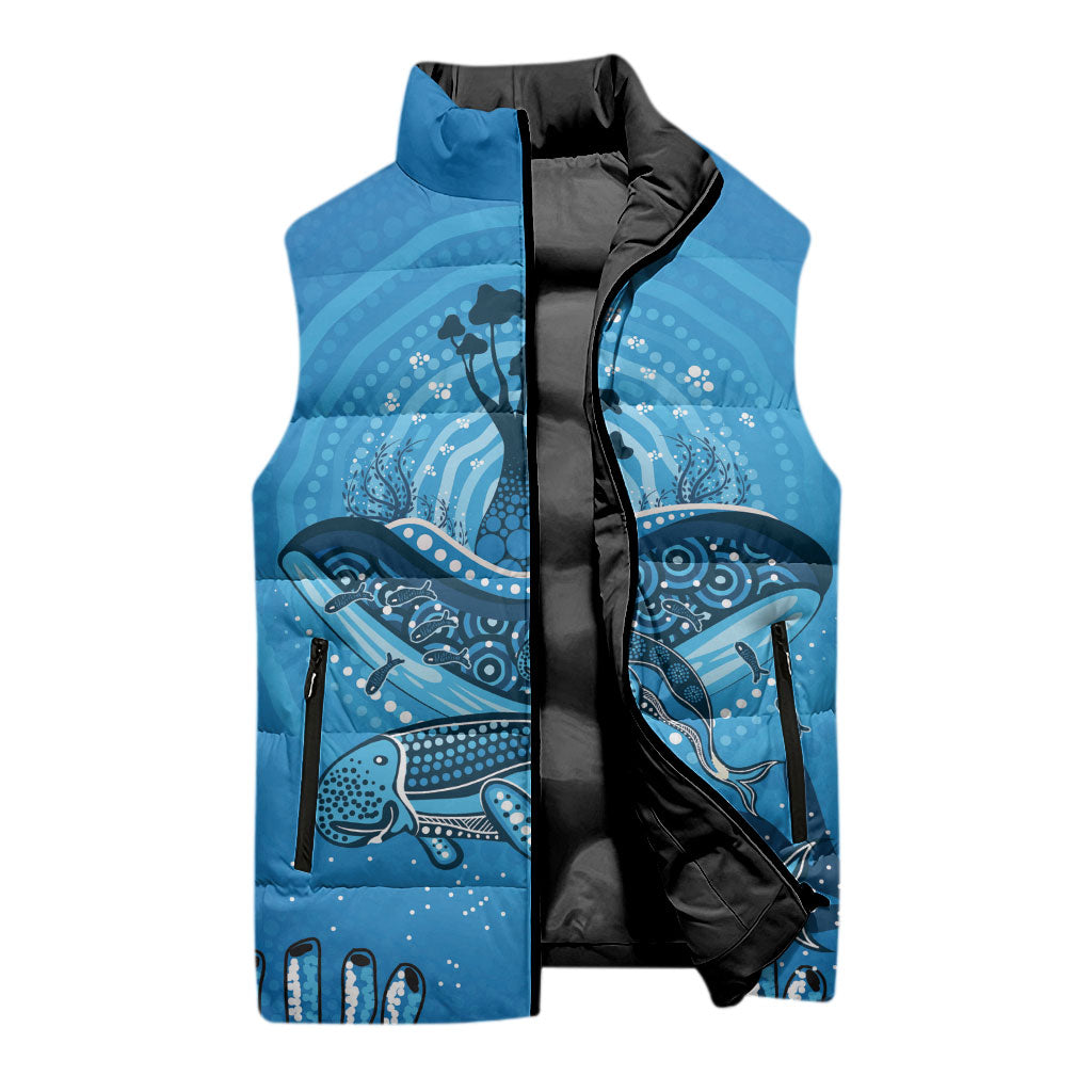 Aboriginal Ocean Dugong Sleeveless Puffer Jacket Dot Art Dreamtime Tree of Life