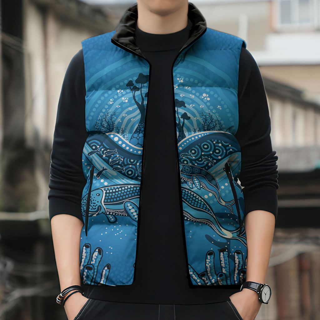 Aboriginal Ocean Dugong Sleeveless Puffer Jacket Dot Art Dreamtime Tree of Life