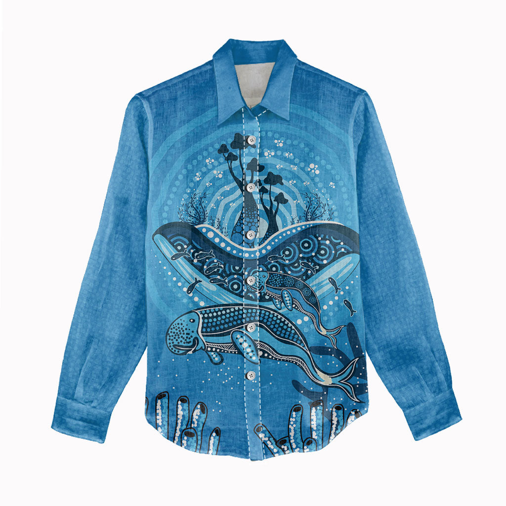 Aboriginal Ocean Dugong Women Casual Shirt Dot Art Dreamtime Tree of Life