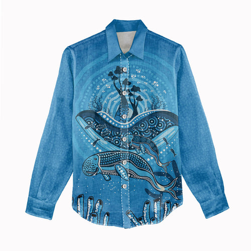 Aboriginal Ocean Dugong Women Casual Shirt Dot Art Dreamtime Tree of Life