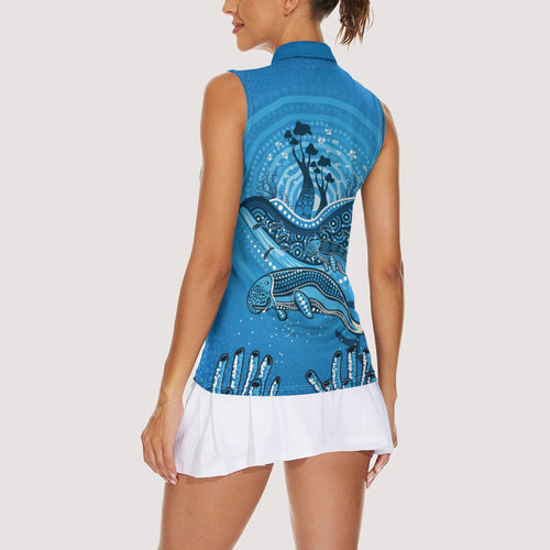 Aboriginal Ocean Dugong Women Sleeveless Polo Shirt Dot Art Dreamtime Tree of Life