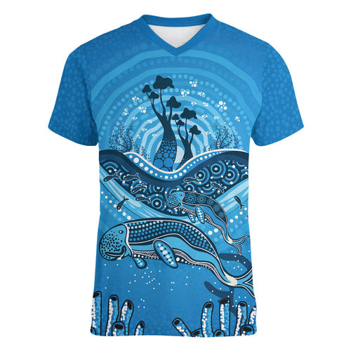 Aboriginal Ocean Dugong Women V-Neck T-Shirt Dot Art Dreamtime Tree of Life