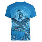 Aboriginal Ocean Dugong Women V-Neck T-Shirt Dot Art Dreamtime Tree of Life