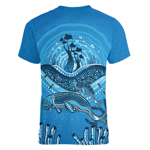 Aboriginal Ocean Dugong Women V-Neck T-Shirt Dot Art Dreamtime Tree of Life