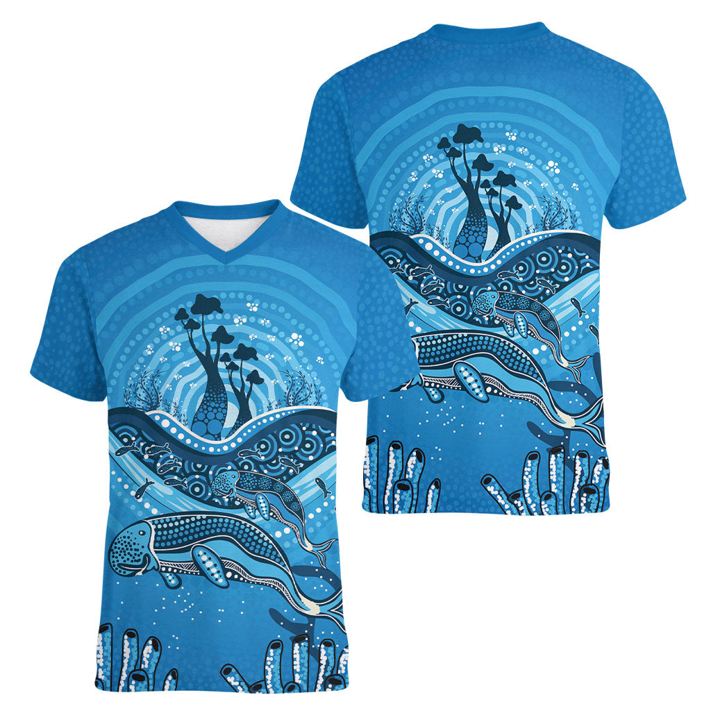 Aboriginal Ocean Dugong Women V-Neck T-Shirt Dot Art Dreamtime Tree of Life