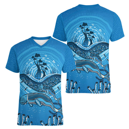 Aboriginal Ocean Dugong Women V-Neck T-Shirt Dot Art Dreamtime Tree of Life