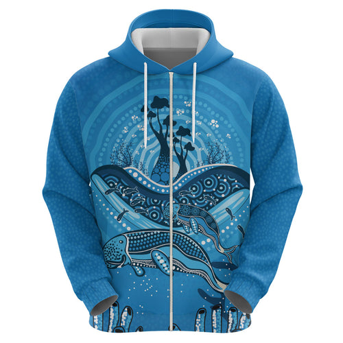 Aboriginal Ocean Dugong Zip Hoodie Dot Art Dreamtime Tree of Life