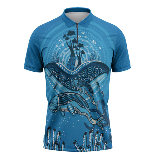 Aboriginal Ocean Dugong Zipper Polo Shirt Dot Art Dreamtime Tree of Life