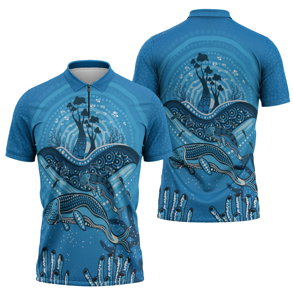 Aboriginal Ocean Dugong Zipper Polo Shirt Dot Art Dreamtime Tree of Life