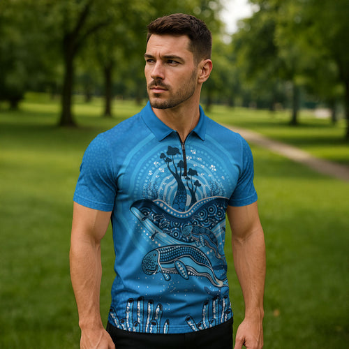 Aboriginal Ocean Dugong Zipper Polo Shirt Dot Art Dreamtime Tree of Life