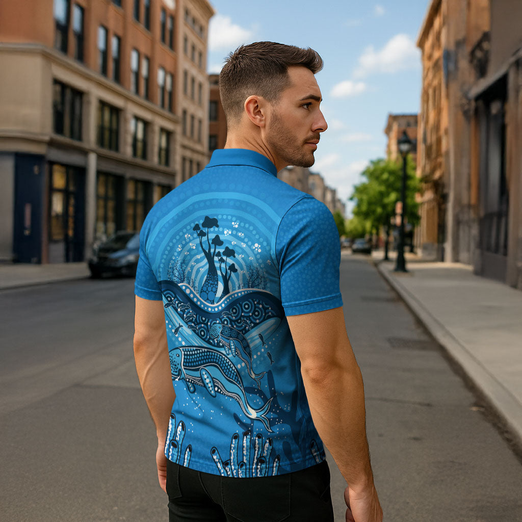 Aboriginal Ocean Dugong Zipper Polo Shirt Dot Art Dreamtime Tree of Life