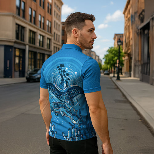 Aboriginal Ocean Dugong Zipper Polo Shirt Dot Art Dreamtime Tree of Life