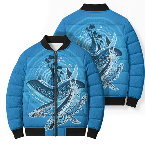 Aboriginal Ocean Whale Bomber Puffer Jacket Dot Art Dreamtime Tree of Life