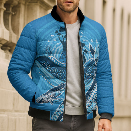 Aboriginal Ocean Whale Bomber Puffer Jacket Dot Art Dreamtime Tree of Life