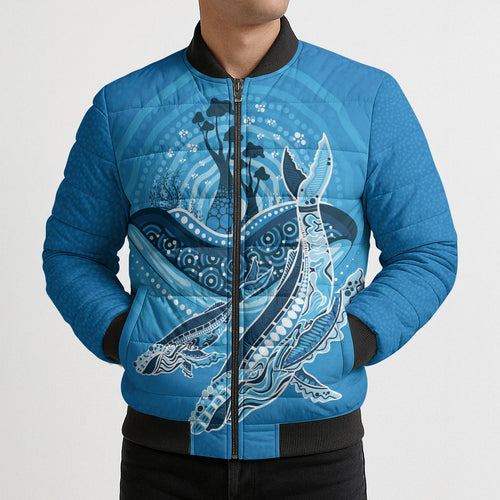 Aboriginal Ocean Whale Bomber Puffer Jacket Dot Art Dreamtime Tree of Life
