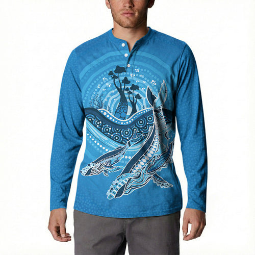 Aboriginal Ocean Whale Button Sweatshirt Dot Art Dreamtime Tree of Life