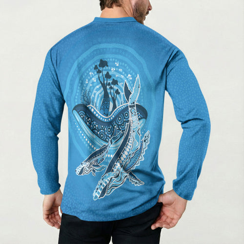 Aboriginal Ocean Whale Button Sweatshirt Dot Art Dreamtime Tree of Life