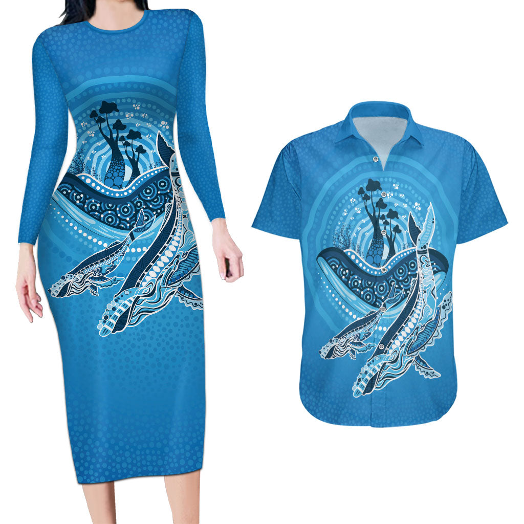 Aboriginal Ocean Whale Couples Matching Long Sleeve Bodycon Dress and Hawaiian Shirt Dot Art Dreamtime Tree of Life