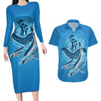 Aboriginal Ocean Whale Couples Matching Long Sleeve Bodycon Dress and Hawaiian Shirt Dot Art Dreamtime Tree of Life