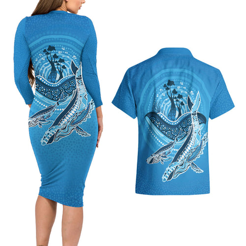Aboriginal Ocean Whale Couples Matching Long Sleeve Bodycon Dress and Hawaiian Shirt Dot Art Dreamtime Tree of Life