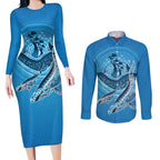 Aboriginal Ocean Whale Couples Matching Long Sleeve Bodycon Dress and Long Sleeve Button Shirt Dot Art Dreamtime Tree of Life