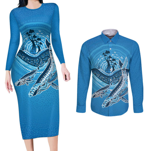 Aboriginal Ocean Whale Couples Matching Long Sleeve Bodycon Dress and Long Sleeve Button Shirt Dot Art Dreamtime Tree of Life