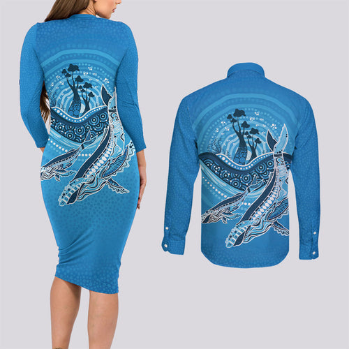 Aboriginal Ocean Whale Couples Matching Long Sleeve Bodycon Dress and Long Sleeve Button Shirt Dot Art Dreamtime Tree of Life