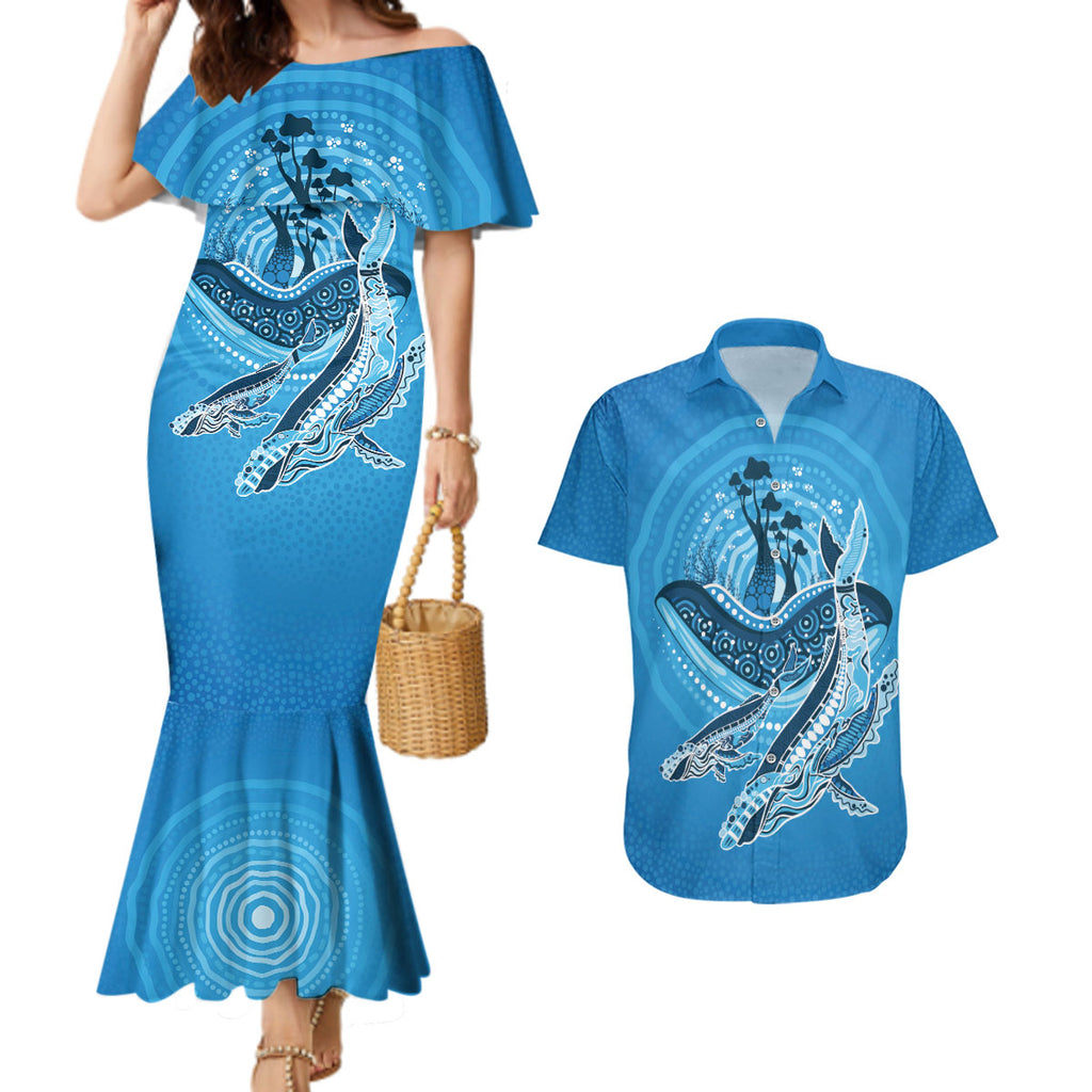 Aboriginal Ocean Whale Couples Matching Mermaid Dress and Hawaiian Shirt Dot Art Dreamtime Tree of Life