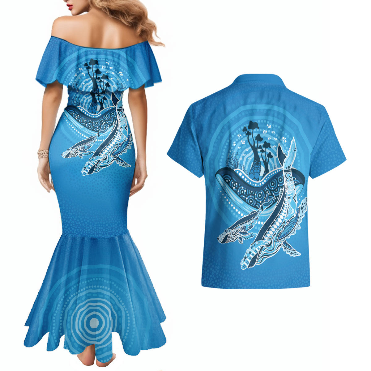 Aboriginal Ocean Whale Couples Matching Mermaid Dress and Hawaiian Shirt Dot Art Dreamtime Tree of Life