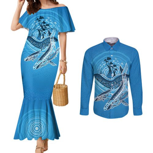 Aboriginal Ocean Whale Couples Matching Mermaid Dress and Long Sleeve Button Shirt Dot Art Dreamtime Tree of Life