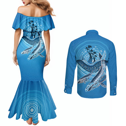 Aboriginal Ocean Whale Couples Matching Mermaid Dress and Long Sleeve Button Shirt Dot Art Dreamtime Tree of Life