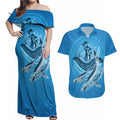 Aboriginal Ocean Whale Couples Matching Off Shoulder Maxi Dress and Hawaiian Shirt Dot Art Dreamtime Tree of Life