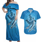 Aboriginal Ocean Whale Couples Matching Off Shoulder Maxi Dress and Hawaiian Shirt Dot Art Dreamtime Tree of Life