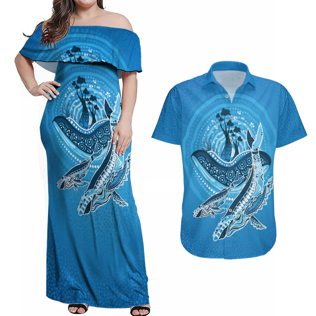 Aboriginal Ocean Whale Couples Matching Off Shoulder Maxi Dress and Hawaiian Shirt Dot Art Dreamtime Tree of Life