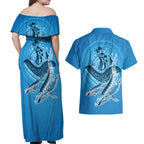 Aboriginal Ocean Whale Couples Matching Off Shoulder Maxi Dress and Hawaiian Shirt Dot Art Dreamtime Tree of Life