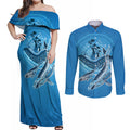 Aboriginal Ocean Whale Couples Matching Off Shoulder Maxi Dress and Long Sleeve Button Shirt Dot Art Dreamtime Tree of Life