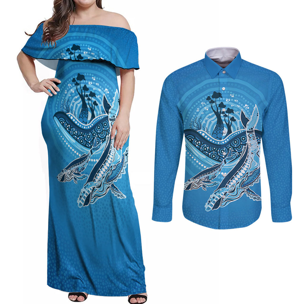 Aboriginal Ocean Whale Couples Matching Off Shoulder Maxi Dress and Long Sleeve Button Shirt Dot Art Dreamtime Tree of Life