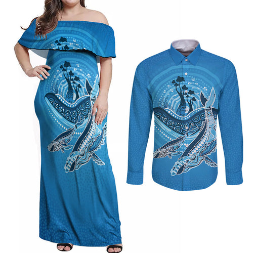 Aboriginal Ocean Whale Couples Matching Off Shoulder Maxi Dress and Long Sleeve Button Shirt Dot Art Dreamtime Tree of Life