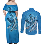 Aboriginal Ocean Whale Couples Matching Off Shoulder Maxi Dress and Long Sleeve Button Shirt Dot Art Dreamtime Tree of Life