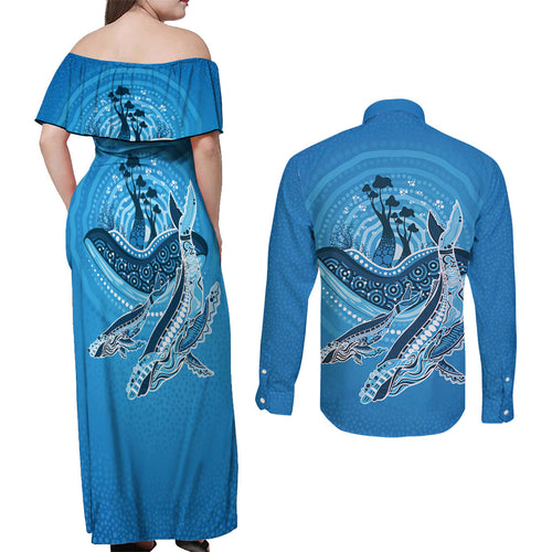 Aboriginal Ocean Whale Couples Matching Off Shoulder Maxi Dress and Long Sleeve Button Shirt Dot Art Dreamtime Tree of Life