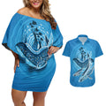 Aboriginal Ocean Whale Couples Matching Off Shoulder Short Dress and Hawaiian Shirt Dot Art Dreamtime Tree of Life
