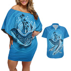 Aboriginal Ocean Whale Couples Matching Off Shoulder Short Dress and Hawaiian Shirt Dot Art Dreamtime Tree of Life