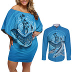 Aboriginal Ocean Whale Couples Matching Off Shoulder Short Dress and Long Sleeve Button Shirt Dot Art Dreamtime Tree of Life